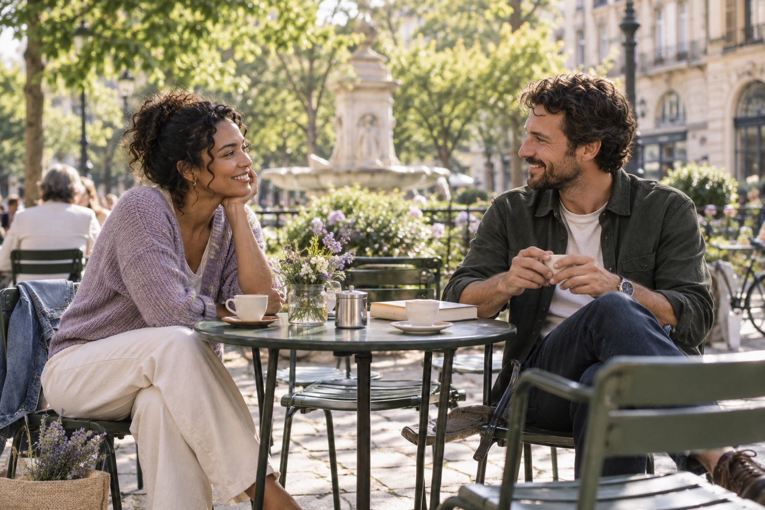 Two people sharing a relaxed conversation over coffee outdoors