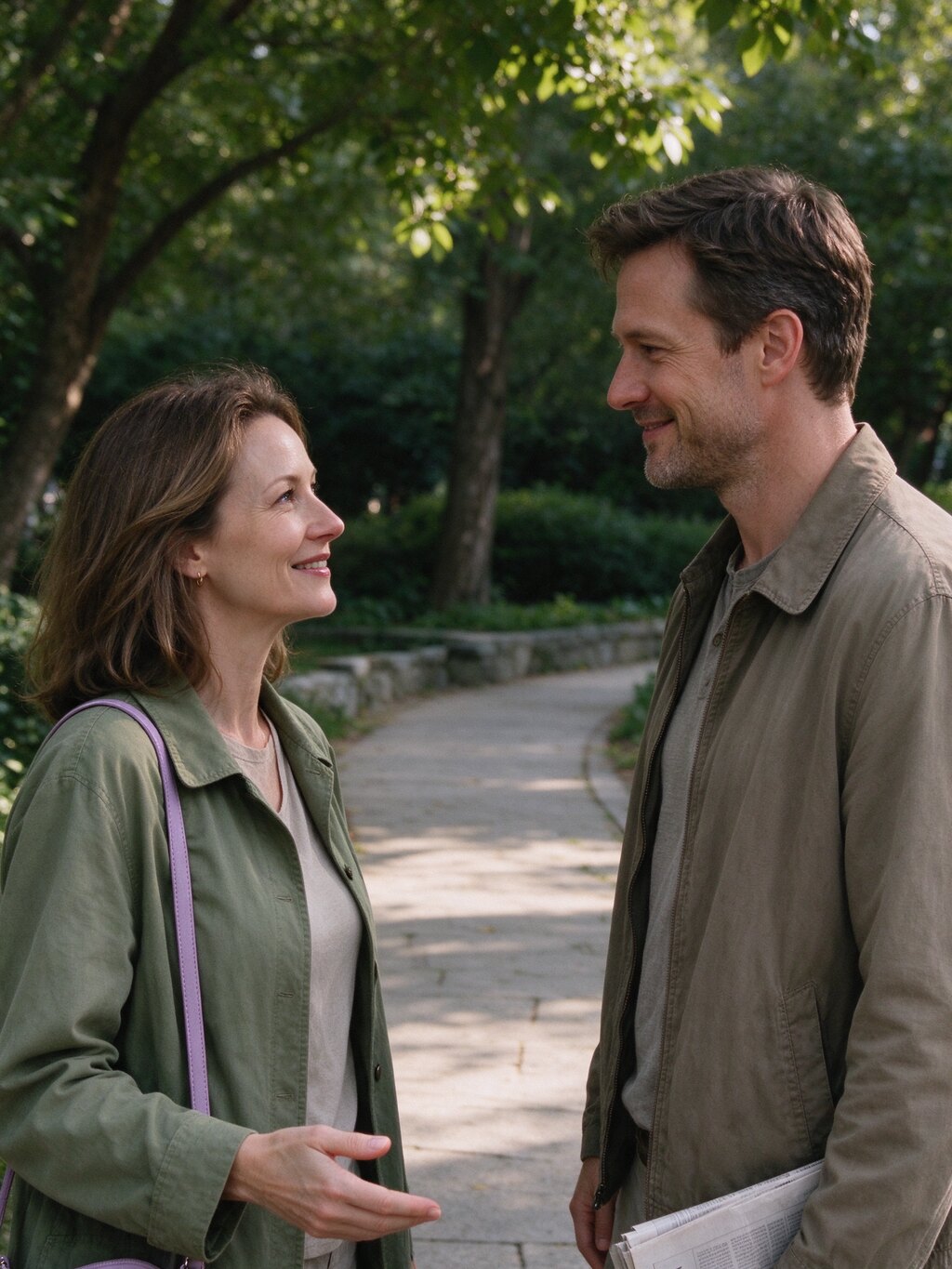 Two neighbors sharing a friendly conversation on a shaded park path